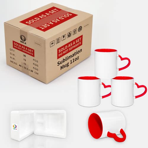 Mr.r 11Oz Sublimation Blank Coffee Mugs,Cup Blank White Mug Cup With Red Color Mug Inner And Heart Handle,Set Of 36 #TOP6