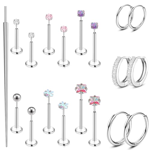 ONESING 18Pcs 20G Threadless Flat Back Earrings Stainless Steel Cartilage Earrings for Women Men Hypoallergenic Small Huggie Hoop Flat Back Stud Earrings Tragus Helix Labret Lip Conch Nose Studs Push in Body Piercing Jewelry