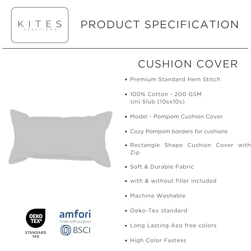 Image of 100% Cotton Pom Pom Cushion Without Filler, Elegant & Modern Cushion Cover for Living Room, Rectangle, 12 inchx20 inch, uni slub, Set of 3 - Cloud Rose