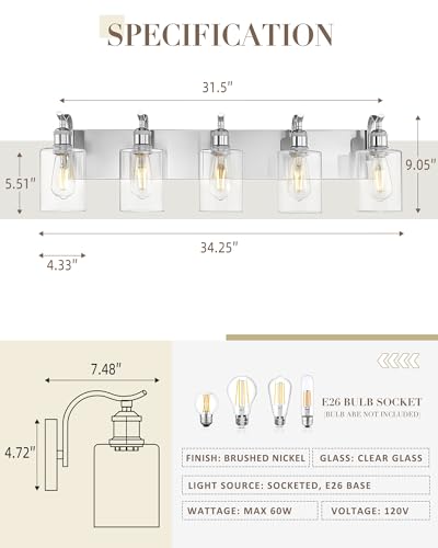 Image of 5 Light Bathroom Vanity Light, Brushed Nickel Vanity Lights for Morden Bathroom Lighting Fixtures Over Mirror Wall Light Fixtures with Clear Glass Shade ZCVL01BN-5
