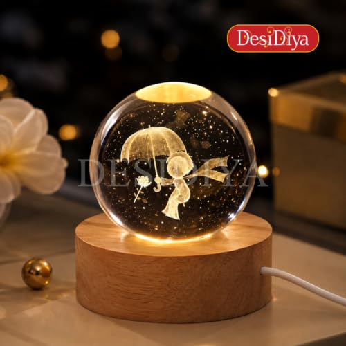 Image of Desidiya 3D Crystal Ball Night Light | Engraved Monsoon Boy Crystal Ball LED Night Light with Wooden Base, USB Powered | Romantic Home Decor & Rakshabandhan Gift for Bro, Him & Couples (Warm White)