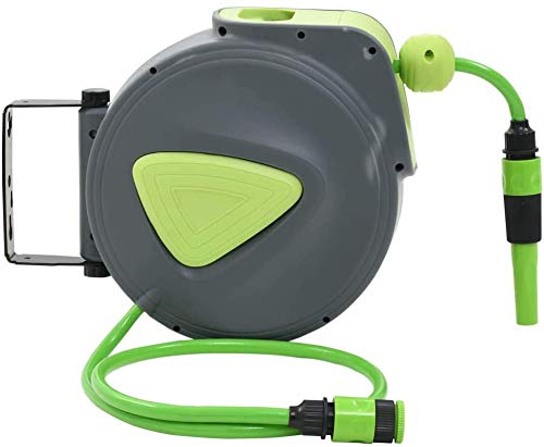 URBBRSIX Water Tap Outdoor Automatic Retractable Water Hose Reel with Connector and Spray Nozzle Wall Mounted 10+1 M Green and Grey