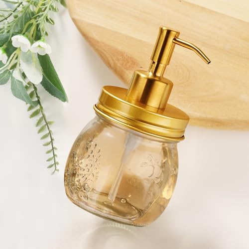 Image of Amolliar Mason Jar Liquid Soap Dispenser Pump, Rustproof Stainless Steel Lid, Refillable Soap Pump for Kitchen, Bathroom, Hand, Dish, Lotion Soap Pump Replacement, Cute Farmhouse Decor, Golden 2 Pack
