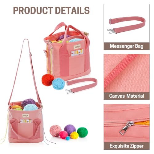 Image of Crochet Bag and Tote, Canvas Yarn Storage Organizer, Yarn Bag for Hooks and Accessories, Durable Organizer for Crochet Lovers, Mother's Day Gift (Pink-25)