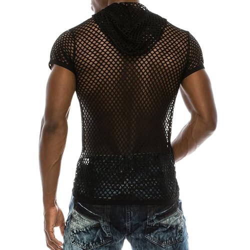 Men's Fishnet Sheer Mesh Short Sleeve Hoodie Pocket Front Hooded Sweatshirt Clubwear4
