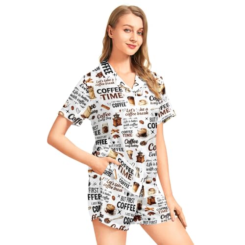 Image of Funny Pajamas for Women Set Print Satin Loungewear Pjs Short Sleeve Button Down Top and Shorts Sets Sleepwear XS-3XL