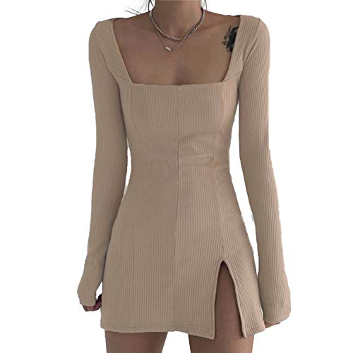 MAHUAOYIXI Mini robe pour femme - Couleur unie - Manches longues - Col carré - En coton - Sexy - Élégante - Femme - Mode - Fine - Coton - Décontractée, kaki foncé, XL Cover