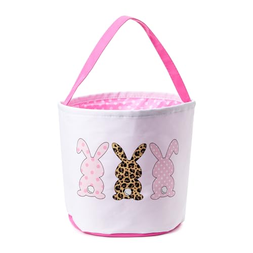 Image of Canvas Easter Basket Easter Bucket for Egg Hunts Easter Eggs Easter gifts Easter Treats (Pink Style 2)