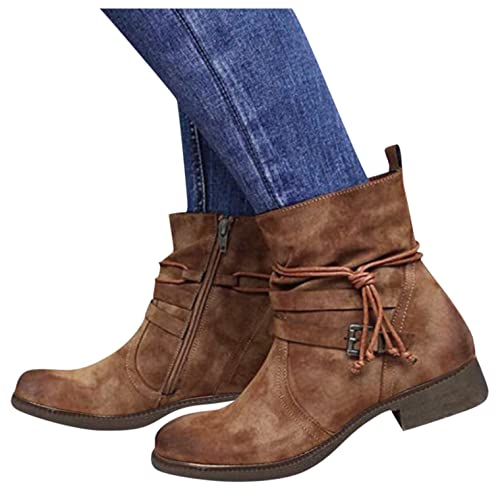 Hbeylia Vintage Boots For Women Casual Suede Lace Up Round Toe Chunky Block Low Heels Ankle Booties Western Cowgirl Cowboy Boots With Side Zip Winter Fall Dress Short Boots For Work Riding Boho Travel