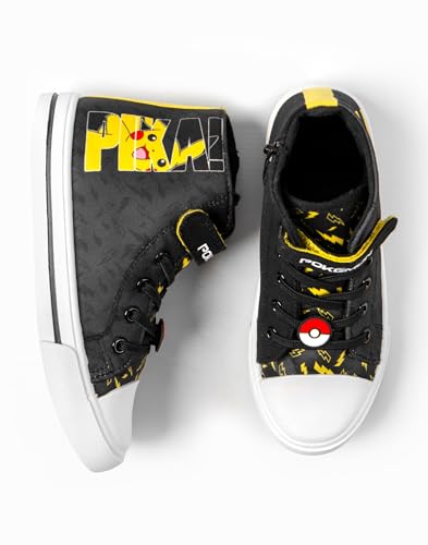 Pokémon Pikachu Boys High-Top Trainers with Hook and Loop Strap | Pika Kids Black Yellow Lightning Bolt Footwear4