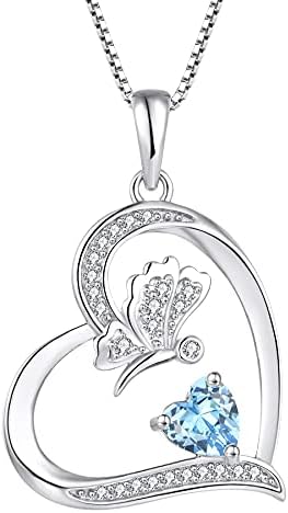 FJ Heart Butterfly Pendant Necklace 925 Sterling Silver with Birthstone Cubic Zirconia Butterfly Jewellery Gifts for Women Girls
