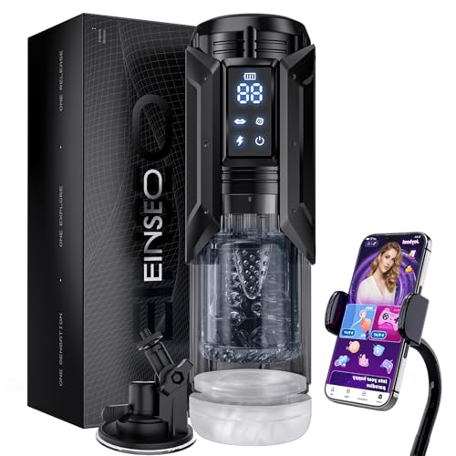 Image of EINSEO Male Masturbator Sex Toy for Men with Phone Holder - AI Sync Waterproof Penis Pump with 7 Sucking & 7 Thrusting Rotating Licking Mode, Pocket Pussy Male Sex Toys with Suction Base Bath Item