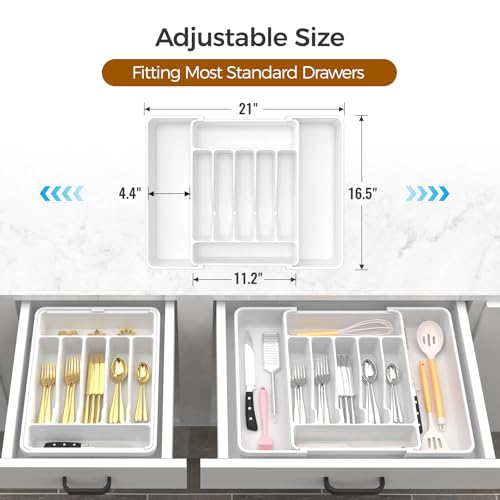 Extra Large Expandable Silverware Organizer, BPA-Free Food-Safe Cutlery Flatware Organizer, Kitchen Utensil Drawer Organizer, Adjustable Silverware Holder for Spoons Forks Knives, White