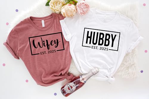 Wifey and Hubby Shirt Wedding Party Shirts Honeymoon Tees Matching Couple Shirts Wife and Husband Shirt Gift for Newly Married Couple Just Married Tshirt with Est Date3