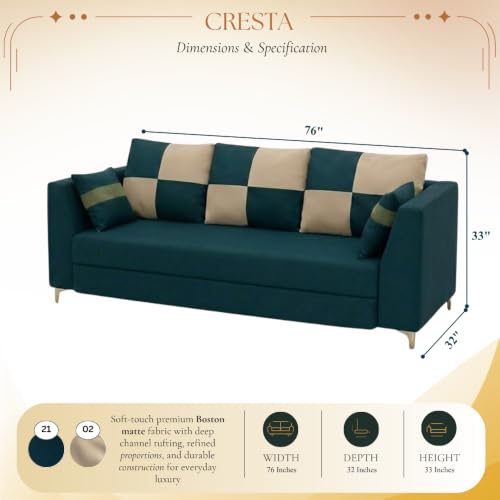 Image of FURNY Signature Cresta 3 Seater Sofa Set | Boston Fabric | 40D Foam + Zigzag Spring | 3-Yr Warranty (Ocean Teal-Beige)| Modern Living Luxury Sofa Set for Home, Office & Hotel Spaces