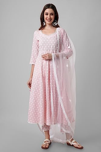 miss fame Women's Cotton Anarkali Kurta with Pants and Dupatta