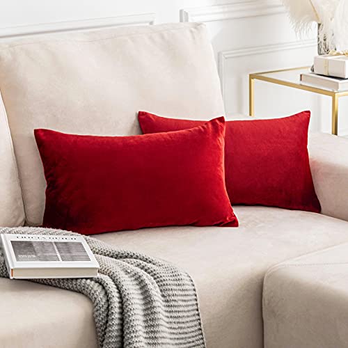 Demetex Lumbar Pillow Covers 12x20 Red Accent Pillow Covers Soft Velvet Rectangle Pillow Cases for Holiday Wedding Decorations, Set of 2, 12 x 20 inch, Red