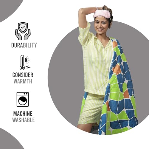 Divine Casa Microfibre Geometric All-Weather 120 GSM Reversible Single Bed Size Quilt Comforter Blanket (140 x 230, Green and Orange)| TC - 120