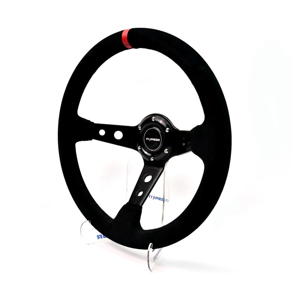 Volante de carreras universal de 350 mm/14 pulgadas, con agarre de 6 tornillos, empuñadura de gamuza, diseño cóncavo profundo (3"), botón de bocina