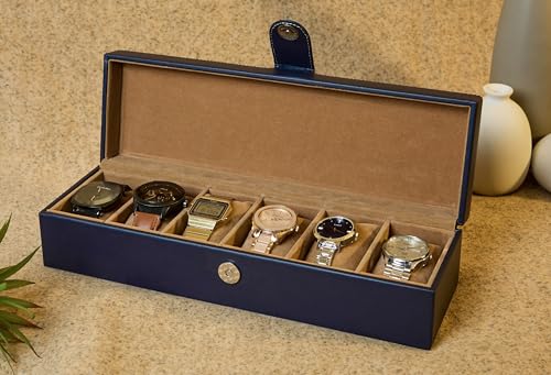 Image of Leather World Premium Faux Leather 6 Slots Wrist Watch Organiser Box for Men & Women | Watch Storage Box Organizer | Watch Collection Box /Case /Holder | Blue