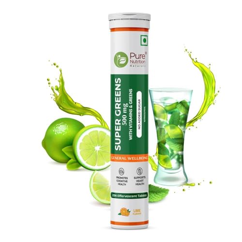 Image of Pure Nutrition Super Greens 20 Effervescent Tablets with Moringa, Spirulina, Arjuna Leaf Extract, Vitamin B1, B3, B5, B6, B12 | 14+ Vitamins, Herbs, Superfoods & Antioxidants for Immunity & Overall Wellbeing