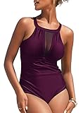 I2CRAZY Bathing Suit One Piece Swimsuits Ruched Mesh Padded Covered Up Solid Monokini Swimwear - L,Burgundy