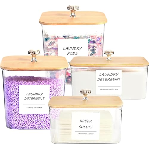 PLOUTA HOME 4 Pack Laundry Room Organization Storage Containers, Plastic Clear Laundry Pods Container & Dryer Sheet Holder Jars with Lids, Scoops & Labels for Detergent, Powder, Dryer Balls, Beads