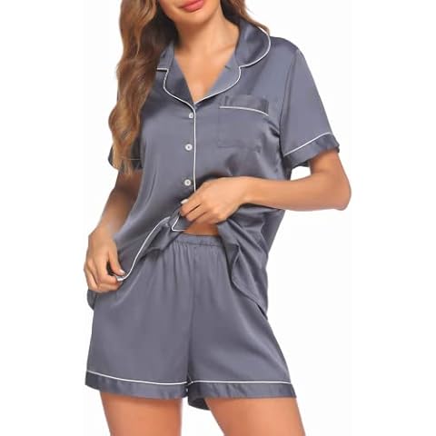 Pinspark Womens Silk Satin Pajamas Short Sleeve Loungewear Two-Piece Sleepwear Button-Down Pj Set, Grey, Large Cover