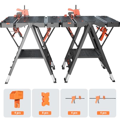 Combined Portable Folding Work Table,2-in-1 Sawhorse & Workbench,Waterproof Workbench with Extra Load Capacity with 8 Woodworking Clamps,8 Connecting Blocks,4 Limit Blocks