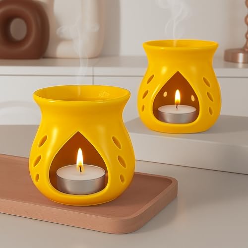 Image of Floryn Decor Ceramic Diffuser with Free 2 Tealight Candles | Home Fragrance, Spa, Office & Yoga | Aromatherapy Gift Set of 2 (Yellow)