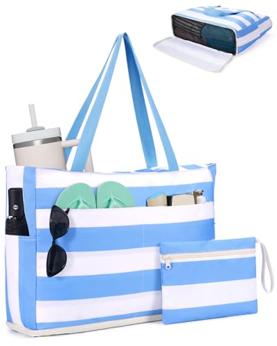 WANDF Beach Bags for Women, Large Waterproof Sandproof Beach Tote Bag with Zipper Family Pool Bags with 40oz Tumbler Pocket, Swim Cruise Vacation Essentials (Blue)