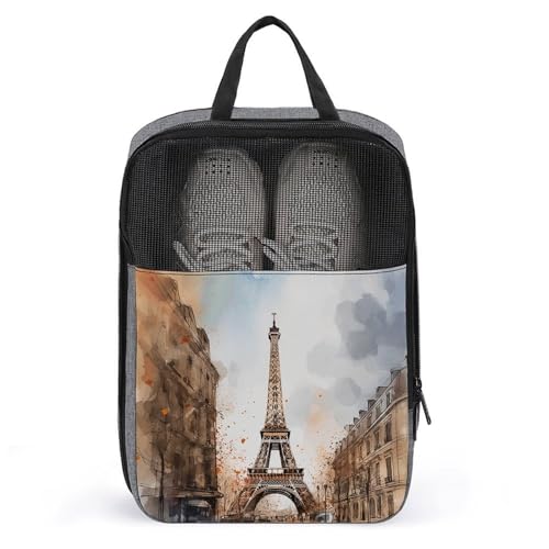 Sac à chaussures imprimé aquarelle Paris gris élégant pour rangement de voyage
