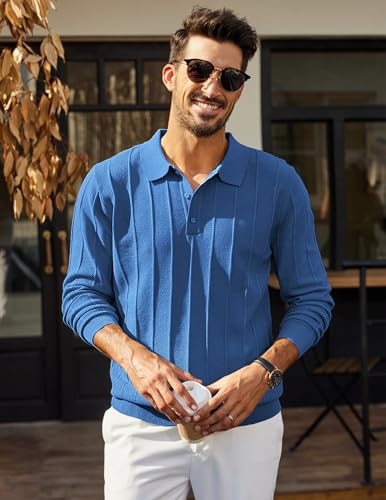 Polos de hombre COOFANDY de punto, manga larga, cuello tipo polo, suéteres casuales | Puños y dobladillo con alta elasticidad, textura tejida, ropa estilo Old Money, perfecto para casual y oficina miniatura 2
