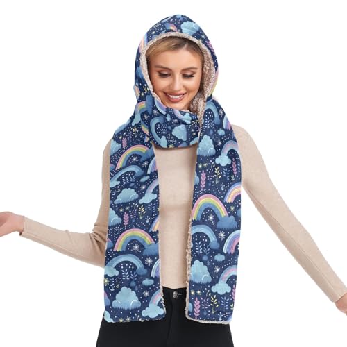 Winter Hooded Scarf for Women Cute Cartoon Rainbow Flower Hoodie Hat Scarf Gloves Set Fashion Warm Long Scarf Shawl Wraps With Pocket Soft Headscarf Neckwarmer Hoodie Hat2