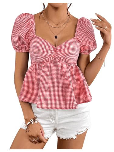 SweatyRocks Women's Puff Sleeve Plaid Gingham Ruffle Sweetheart Neck Peplum Shirt Top Blouse