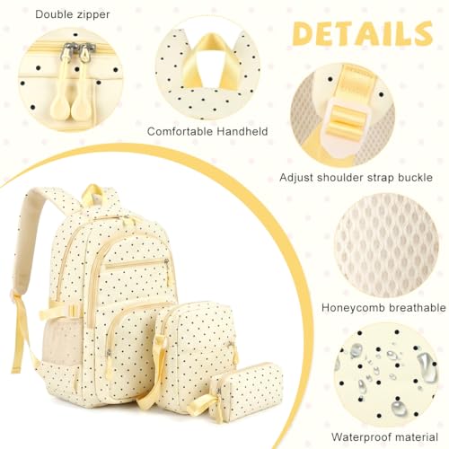 Image of PALAY School Bag for Girls Yellow Polka Dot Backpack with Crossbody Bag & Pencil Pouch Large Oxford Cloth Daypack Set Waterproof Multi-compartments Bookbag for Primary, Elementary, Middle School