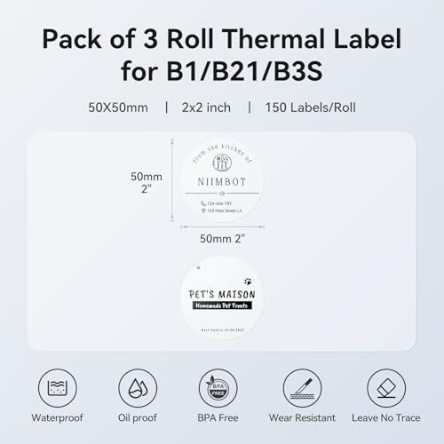 Image of NIIMBOT 3 Rolls Set Label Tape for B1 /B21 /B3S Label Printer, 1.97 inch X 1.97 inch (50x50mm) Round Waterproof Thermal Label Tape for Logo /Gift /Barcode /Kitchen Jar (Clear)