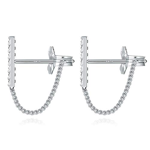 Minimalist Stud Bar Earrings for Women - White Gold Plated 925 Sterling Silver Cubic Zirconia Dainty Simple Hypoallergenic Dangle Chain Earrings Small T Bar Vertical Morden Bar Earrings for Girls