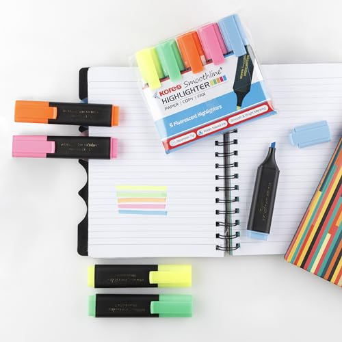 Image of Kores Smoothline + Highlighter | Assorted Colour | Set of 5 Vibrant Colour | Ideal Use : Office, School & Home | Excellent of Students & Professionals