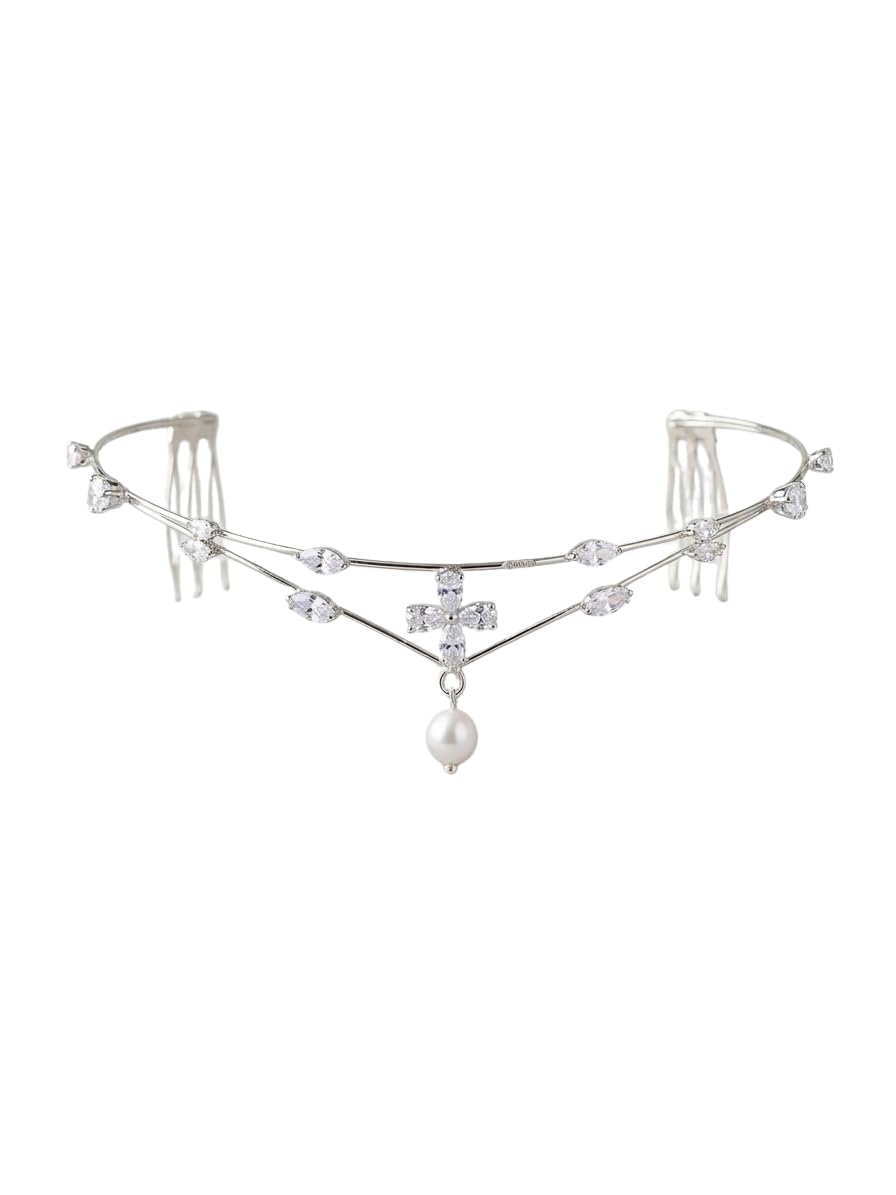 aanyra luxe Bridal Tiara Headband, Silver, Crystal Cubic Zirconia with Pearl Drop Pendant, Wedding Hair Accessory-picture-51