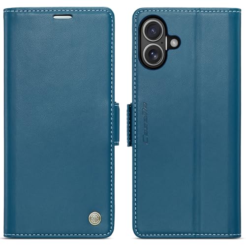 WJXEXRS iPhone 16 Plus�E�H���b�g�P�[�X�A�G���K���g�ȃt���b�v�J�o�[PU���U�[�P�[�X�A[RFID�u���b�L���O][�J�[�h�z���_�[][�X�^���h�@�\]�ϏՌ��ی�P�[�X iPhone 16 Plus 6.7�C���`�p-�u���[