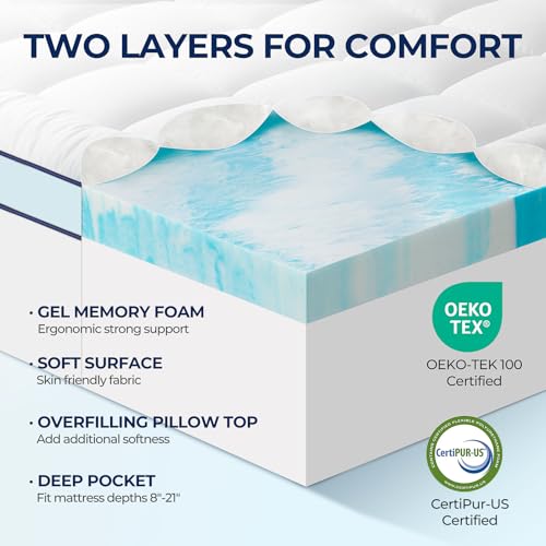 Premium Dual Layer 3 Inch Memory Foam Mattress Topper, 2 Inch Gel Memory Foam and 1 Inch Pillow Top Mattress Pad Cover for Back Pain, Comfort Support（Queen Size 60" x 80"） image 2