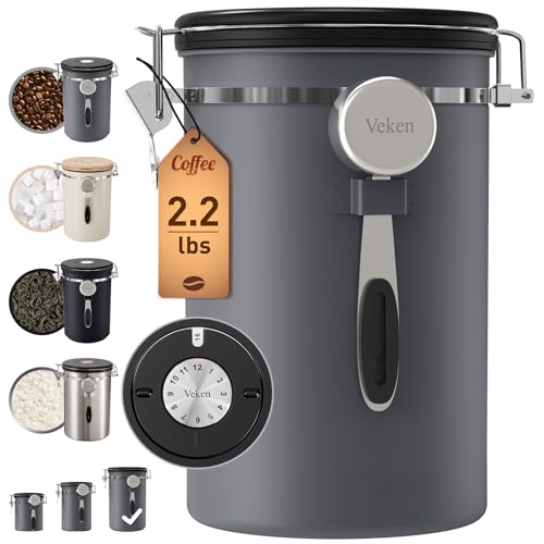 Comparison: Best Coffee Bean Container 3 Veken Coffee Canister, 39OZ Large, Airtight Stainless Steel Food Storage Container for 2.2lbs Coffee Beans, Ground, Sugar, Tea, Flour, Cereal, Kitchen Bar Accessories with Date Tracker & Scoop, Gray