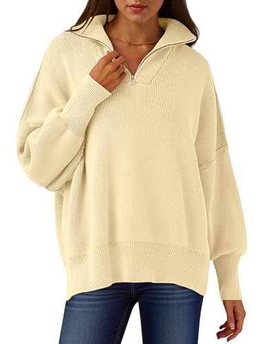 Image of ANRABESS Womens Oversized Quarter Zip Pullover Sweaters | Fall Fashion Outfits, Long Sleeve Slit Side, Baggy Loose Fit, 1 /4 Zip Lapel Collared, Ribbed Knit Soft Warm Winter Clothing