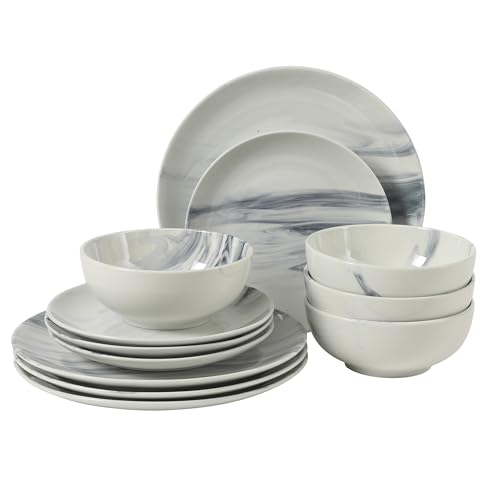 Image of Gibson Home Cloudlight 12 Piece Plates and Bowls Dishes Blue and White - Decorated Porcelain Ceramic Dinnerware Set - Service for 4