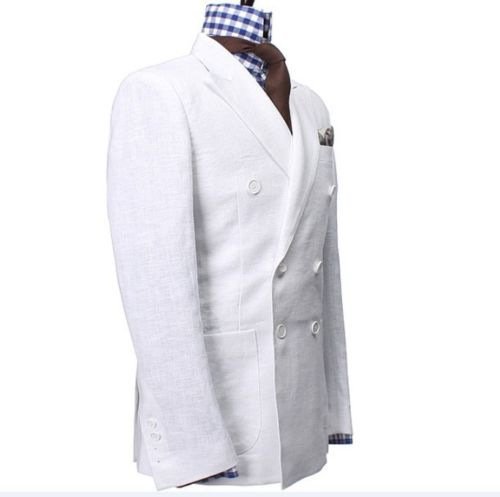 Mens White Cotton Linen Double Breasted Blazer Jacket with Pants Wedding Groomsmen Summer Suits4