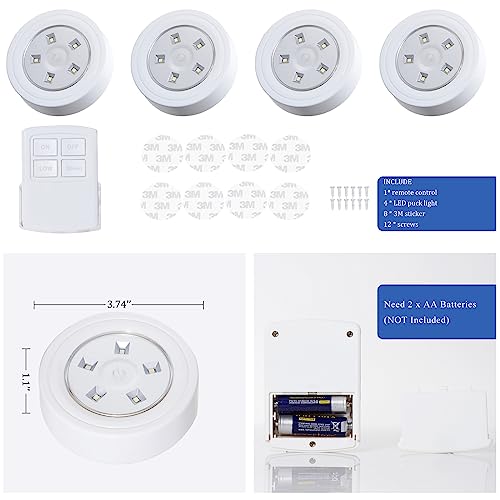 Image of LED Puck Lights with Wireless Remote and Auto Timer, Battery Operated Dimmable Under Cabinet Lights for Kitchen, Bedroom, Doorway, Closet, Hallway and Stairs, 4 Pack(White)