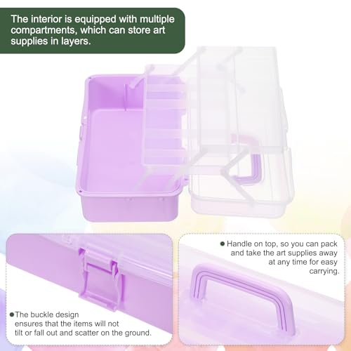Image of YOKIVE Art Supply Storage Organizer, Art Tool Storage Box 3-Tray Craft Box Art Supplies Organizer with Handle Buckle for Brushes Paints Stamps, Light Purple