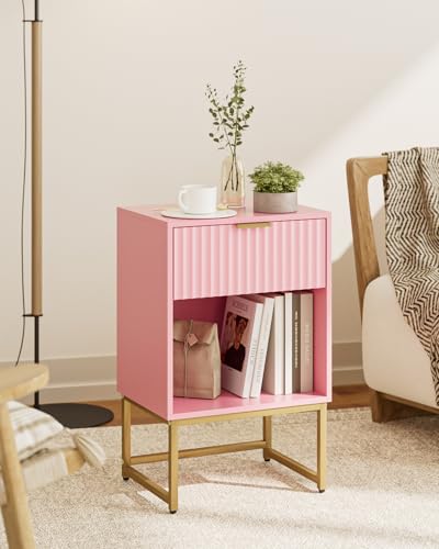 Image of Masupu Fluted Nightstand, Modern Night Stand Wood Bedside Table with Storage Drawer Side End Table for Bedroom, Office, Pink