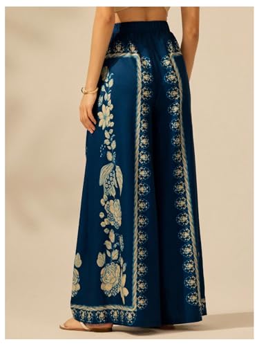 Women's Floral Palazzo Pants Tie Front Elastic High Waist Boho Loose Flowy Vacation Trousers2